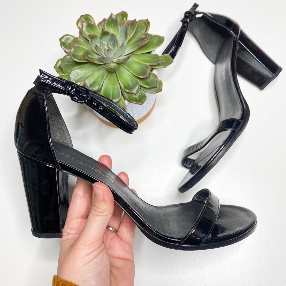 Stuart Weitzman Black Ankle Strap Open Toe Heels